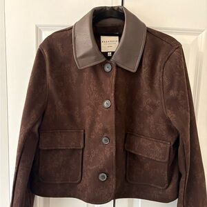bagatelle Brown Textured Bomber Jacket with Dark Taupe Leather Collar
